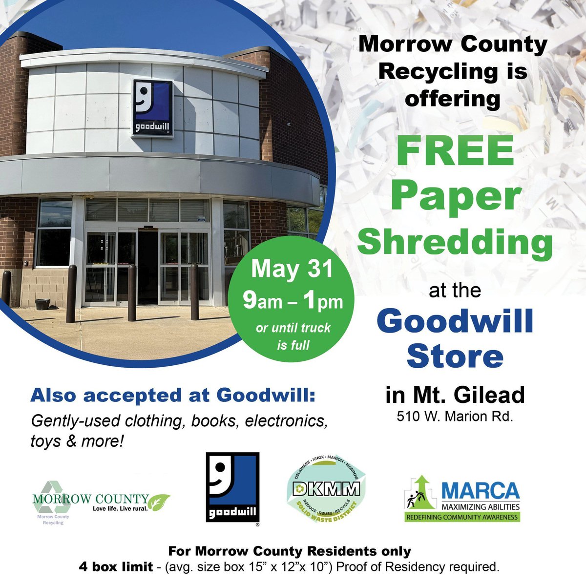 MarionGoodwill's tweet photo. ♻️ Morrow County! Join us at Goodwill Mt. Gilead tomorrow, 9AM–1PM for a Shred & Recycle event with Morrow County Recycling!
📄 Shred up to 4 boxes
👕 Donate gently used items
Declutter & do good! 💙
#MorrowCountyRecycles #GoodHappensHere #DonateStuffCreateJobs https://t.co/Lhw3AtjMRl