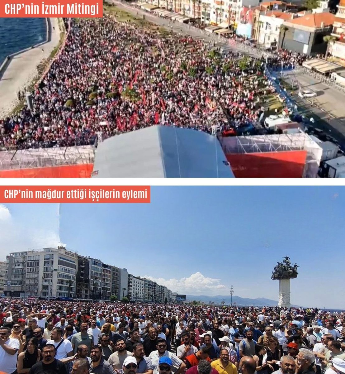 CHP’nin mağdur ettiği işçilerin eylemi, yine aynı CHP’nin taşıma ile yaptığı mitinginden daha kalabalık. Ayrıca arada büyük bir fark var ki; biri sanal diğeri ise gerçek bir kalabalık…