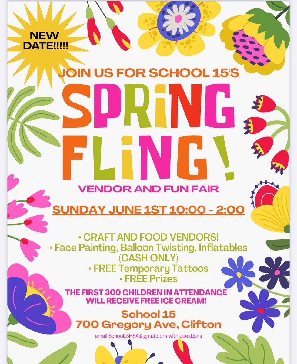 Clifton School 15 (@cliftonschool15) on Twitter photo HSA SPRING FLING VENDOR FUN FAIR has been postponed to JUNE 1st 10am-2pm. Come out and see all the vendors, games and activities! <a href="/CliftonSupt/">Danny A. Robertozzi, Ed.D.</a> <a href="/CliftonSchools/">Clifton Schools</a> HSA SPRING FLING VENDOR FUN FAIR has been postponed to JUNE 1st 10am-2pm. Come out and see all the vendors, games and activities! <a href="/CliftonSupt/">Danny A. Robertozzi, Ed.D.</a> <a href="/CliftonSchools/">Clifton Schools</a>