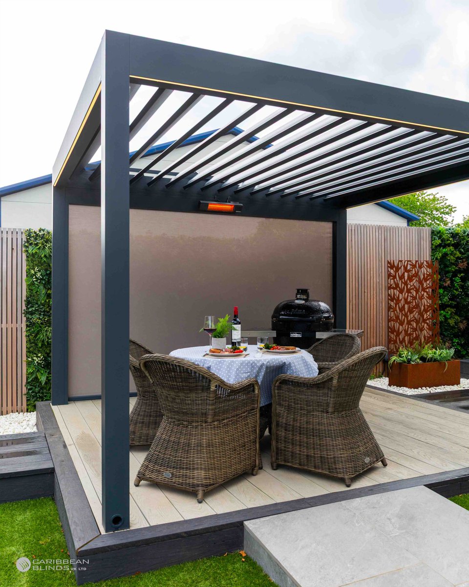 Hosting a BBQ? Take your outdoor space to the next level with a louvered pergola! Built-in lighting and heating mean you can keep the party going long after the sun sets. Who’s up for an evening BBQ under the stars?  #NationalBBQWeek #externalshading #louveredpergola