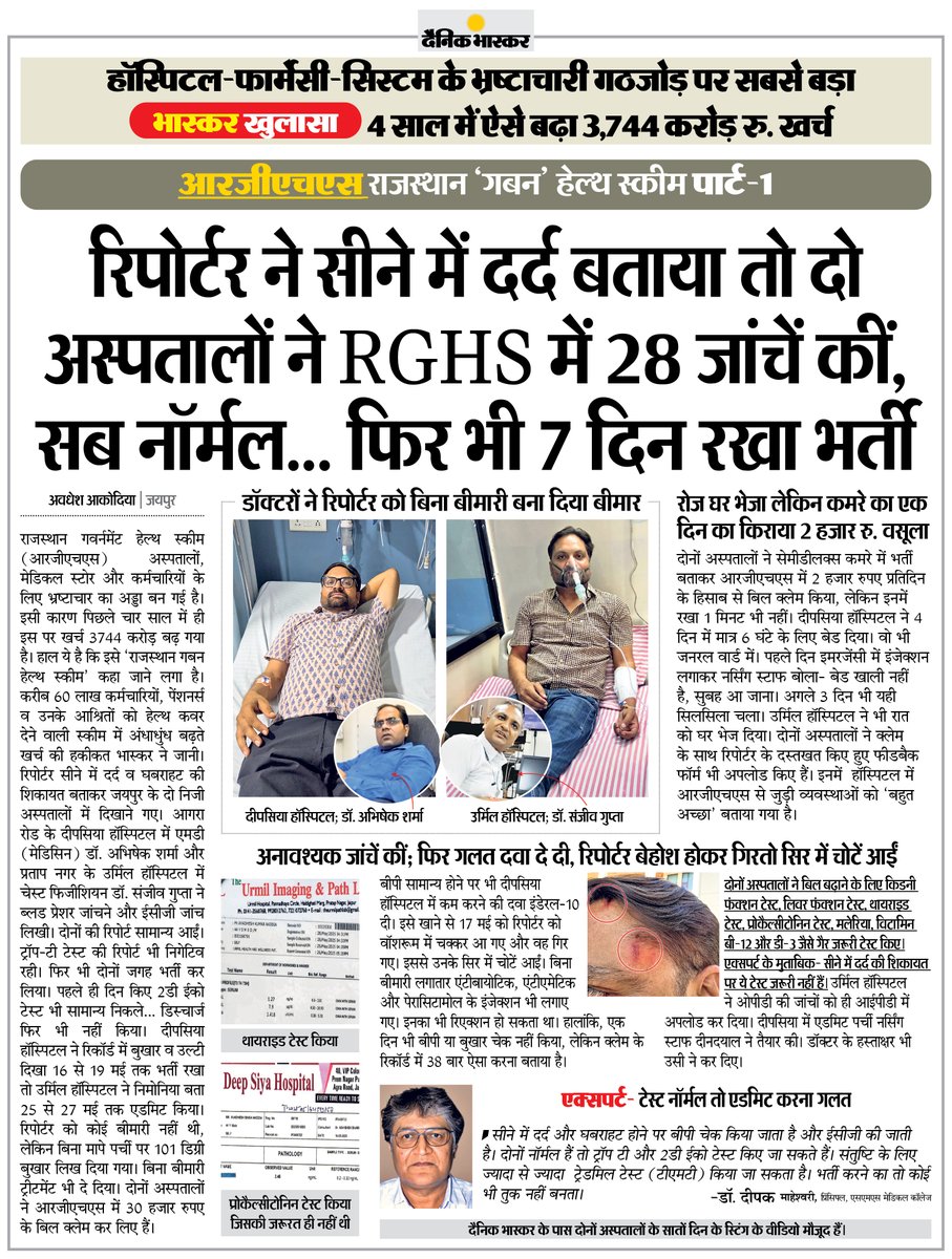 Dainik Bhaskar (@dainikbhaskar) on Twitter photo рдмрдбрд╝рд╛ рдЦреБрд▓рд╛рд╕рд╛- RGHS рдмрдиреА рднреНрд░рд╖реНрдЯрд╛рдЪрд╛рд░ рдХрд╛ рдЕрдбреНрдбрд╛... рд░рд┐рдкреЛрд░реНрдЯрд░ рдиреЗ рд╕реАрдиреЗ рдореЗрдВ рджрд░реНрдж рдмрддрд╛рдпрд╛ рддреЛ рджреЛ рдЕрд╕реНрдкрддрд╛рд▓реЛрдВ рдиреЗ 28 рдЬрд╛рдВрдЪреЗрдВ рдХреАрдВ, рд╕рдм рдиреЙрд░реНрдорд▓... рдлрд┐рд░ рднреА 7 рджрд┐рди рднрд░реНрддреА рд░рдЦрд╛
#BhaskarInvestigation #RGHS #Rajasthan
рдЕрдзрд┐рдХ рдЦрдмрд░реЗрдВ рдФрд░ рдИ-рдкреЗрдкрд░ рдкрдврд╝рдиреЗ рдХреЗ рд▓рд┐рдП рджреИрдирд┐рдХ рднрд╛рд╕реНрдХрд░ рдПрдк рдЗрдВрд╕реНрдЯреЙрд▓ рдХрд░реЗрдВ - dainik-b.in/mjwzCSxDdsb рдмрдбрд╝рд╛ рдЦреБрд▓рд╛рд╕рд╛- RGHS рдмрдиреА рднреНрд░рд╖реНрдЯрд╛рдЪрд╛рд░ рдХрд╛ рдЕрдбреНрдбрд╛... рд░рд┐рдкреЛрд░реНрдЯрд░ рдиреЗ рд╕реАрдиреЗ рдореЗрдВ рджрд░реНрдж рдмрддрд╛рдпрд╛ рддреЛ рджреЛ рдЕрд╕реНрдкрддрд╛рд▓реЛрдВ рдиреЗ 28 рдЬрд╛рдВрдЪреЗрдВ рдХреАрдВ, рд╕рдм рдиреЙрд░реНрдорд▓... рдлрд┐рд░ рднреА 7 рджрд┐рди рднрд░реНрддреА рд░рдЦрд╛
#BhaskarInvestigation #RGHS #Rajasthan
рдЕрдзрд┐рдХ рдЦрдмрд░реЗрдВ рдФрд░ рдИ-рдкреЗрдкрд░ рдкрдврд╝рдиреЗ рдХреЗ рд▓рд┐рдП рджреИрдирд┐рдХ рднрд╛рд╕реНрдХрд░ рдПрдк рдЗрдВрд╕реНрдЯреЙрд▓ рдХрд░реЗрдВ - dainik-b.in/mjwzCSxDdsb