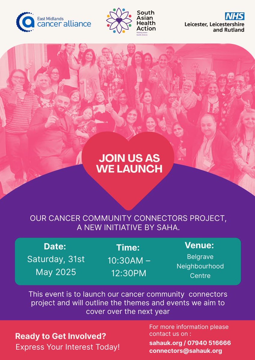 NHS Leicester, Leicestershire and Rutland (@nhs_llr) on Twitter photo Are you passionate about helping people affected by cancer?
Could you be a Cancer Community Connector?
Find out more by going to Belgrave Neighbourhood Centre tomorrow 10.30-12.30.
Or contact South Asian Health Action:
sahauk.org
connectors@sahauk.org
07940 516666 Are you passionate about helping people affected by cancer?
Could you be a Cancer Community Connector?
Find out more by going to Belgrave Neighbourhood Centre tomorrow 10.30-12.30.
Or contact South Asian Health Action:
sahauk.org
connectors@sahauk.org
07940 516666