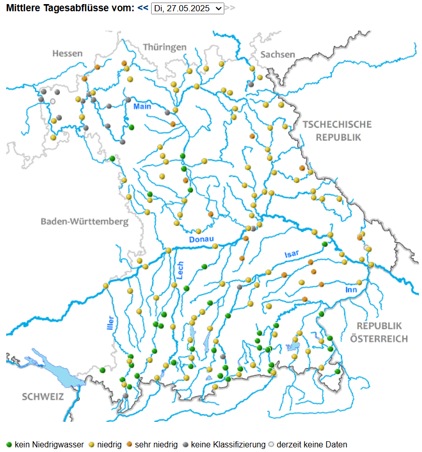 #Niedrigwasserlagebericht 7-Monats-Niederschlagsdefizit 34 %. Messstellen mit niedrigen Verhältnissen: Fließgewässer 74 %, oberflächennahes Grundwasser/Quellen 57 %,tieferes Grundwasser 47 %.
👉 nid.bayern.de/lage