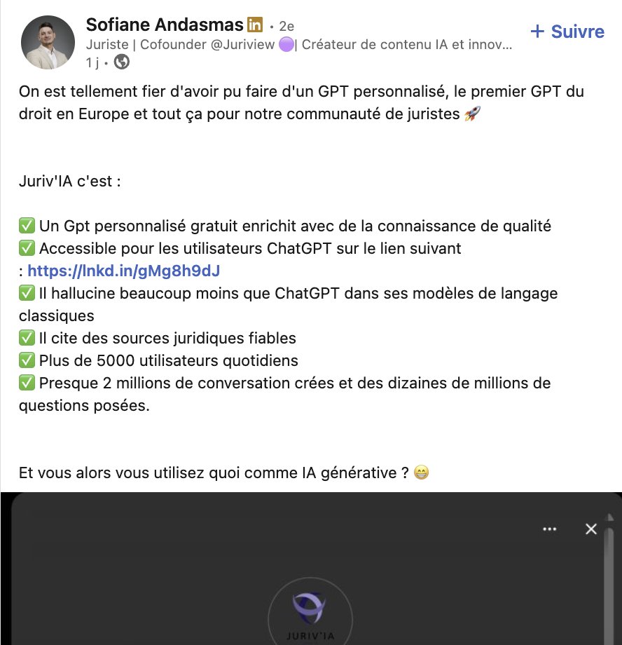Ced_haurus's tweet photo. 🚨 Juriv’IA ▶️ Arnaque aux GPTs #ChatGPT ciblant avocats, juristes et étudiants.

Sur LinkedIn, Sofiane Andasmas fait la promotion de son GPT personnalisé, « L’IA des professionnels du droit » — mais attention : il propose une prétendue version payante totalement frauduleuse. https://t.co/G9ZOJDWOna
