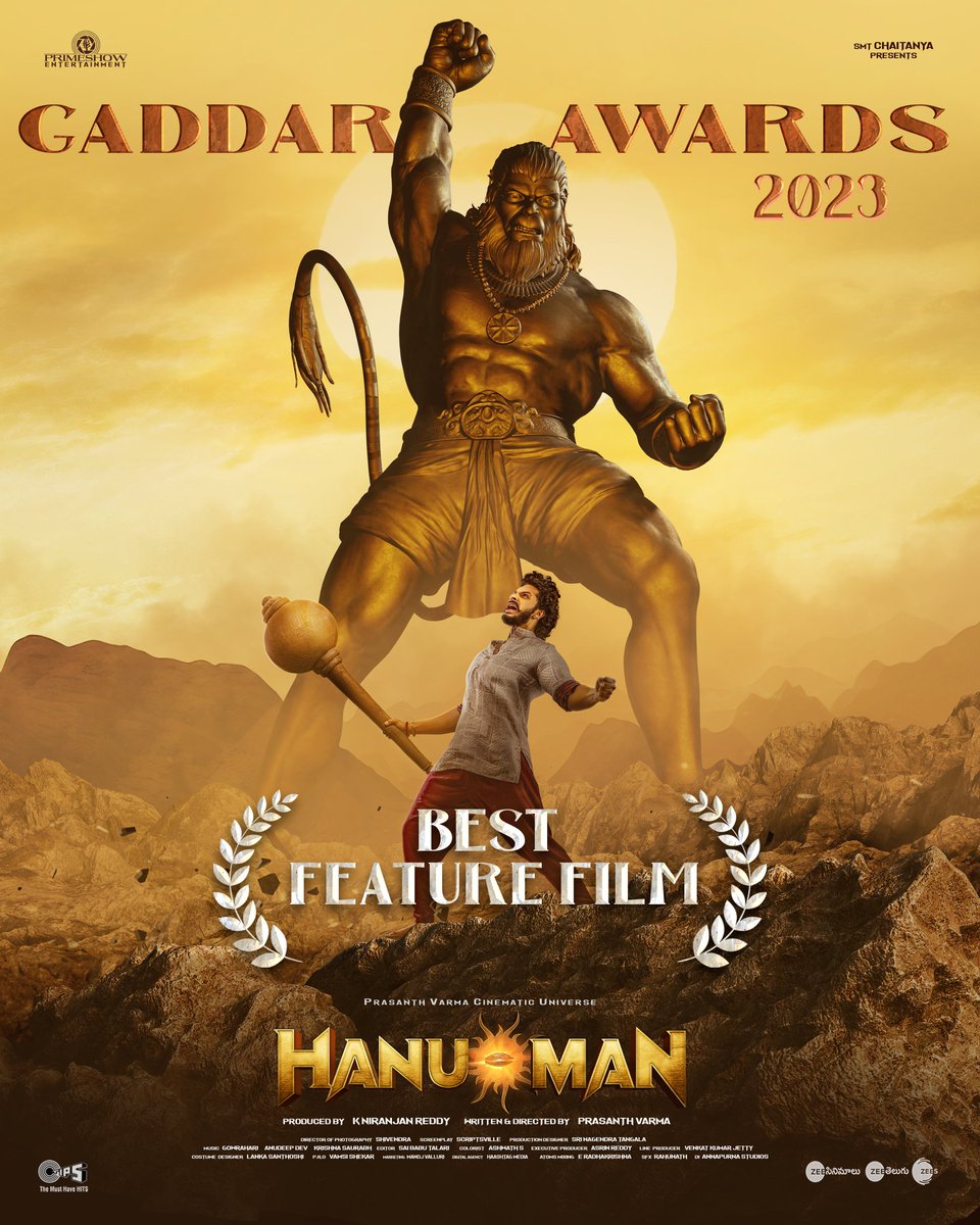 Primeshow Entertainment (@primeshowtweets) on Twitter photo The glory of HANUMAN Continues ❤️🔥❤️🔥❤️🔥
HISTORIC BLOCKBUSTER #HanuMan awarded as the SECOND BEST FEATURE FILM at the #GaddarTelanganaFilmAwards 2023 ❤️
Gratitude to the Telangana Government for this treasured honour 🙏
A <a href="/PrasanthVarma/">Prasanth Varma</a> film
🌟ing <a href="/tejasajja123/">Teja Sajja</a>
<a href="/Actor_Amritha/">Amritha</a> The glory of HANUMAN Continues ❤️🔥❤️🔥❤️🔥
HISTORIC BLOCKBUSTER #HanuMan awarded as the SECOND BEST FEATURE FILM at the #GaddarTelanganaFilmAwards 2023 ❤️
Gratitude to the Telangana Government for this treasured honour 🙏
A <a href="/PrasanthVarma/">Prasanth Varma</a> film
🌟ing <a href="/tejasajja123/">Teja Sajja</a>
<a href="/Actor_Amritha/">Amritha</a>