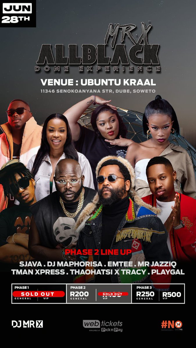 Not just a party. Not just a vibe.
This is the All Black Dome and you’re invited, the lineup is insane.🔥💃🏾
#MrXAllBlackDomeExperience

Book your table now 🔗webtickets.co.za/v2/event.aspx?…
