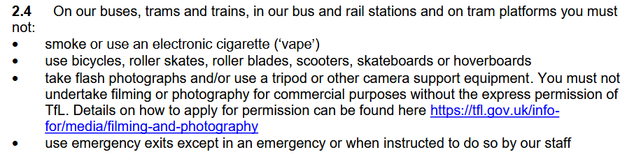 Not sure why TfL have said this. The Met is very clear that members of the public are allowed to film in public places, and TfL's conditions of carriage say you only need permission to film for commercial purposes.   met.police.uk/advice/advice-…