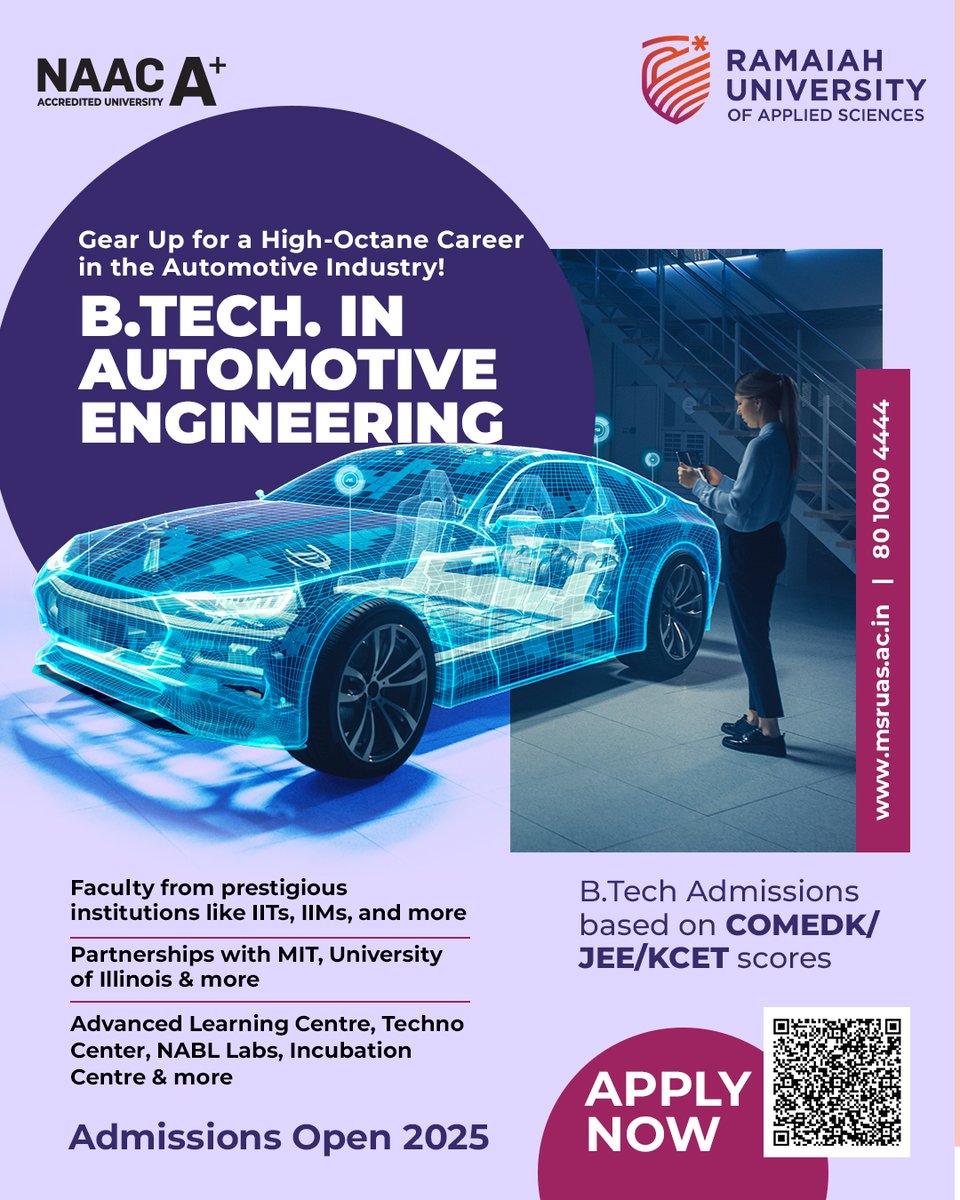 Drive innovation into the future with a BTech in Automotive Engineering at RUAS, where technology meets real-world design. Apply by May 31, 2025 through COMEDK/JEE/KCET. Admissions open for 2025! 
Scan the QR to start your application.