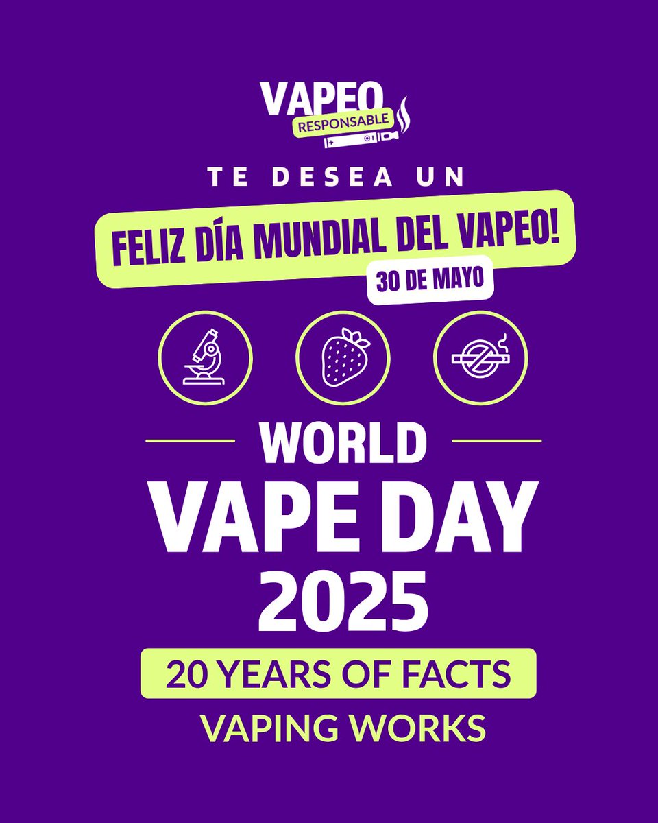 vaperesponsable's tweet image. ¡Feliz Día Mundial del Vapeo! 🎉

Hoy celebramos todas las alternativas al cigarrillo que salvan vidas y honramos a cada vapeador, científico y político que impulsa la reducción de daños: ¡este día es POR Y PARA TI! 💪

#WorldVapeDay #20YearsOfFacts #VapingWorks