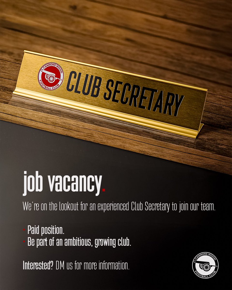 Cannons Wood FC are hiring!
We’re on the lookout for an experienced Club Secretary to join our team.

💼 Paid position. 
📍 Be part of an ambitious, growing club. 

Interested? DM us for more information.

#clubsecretary #nonleaguefootball