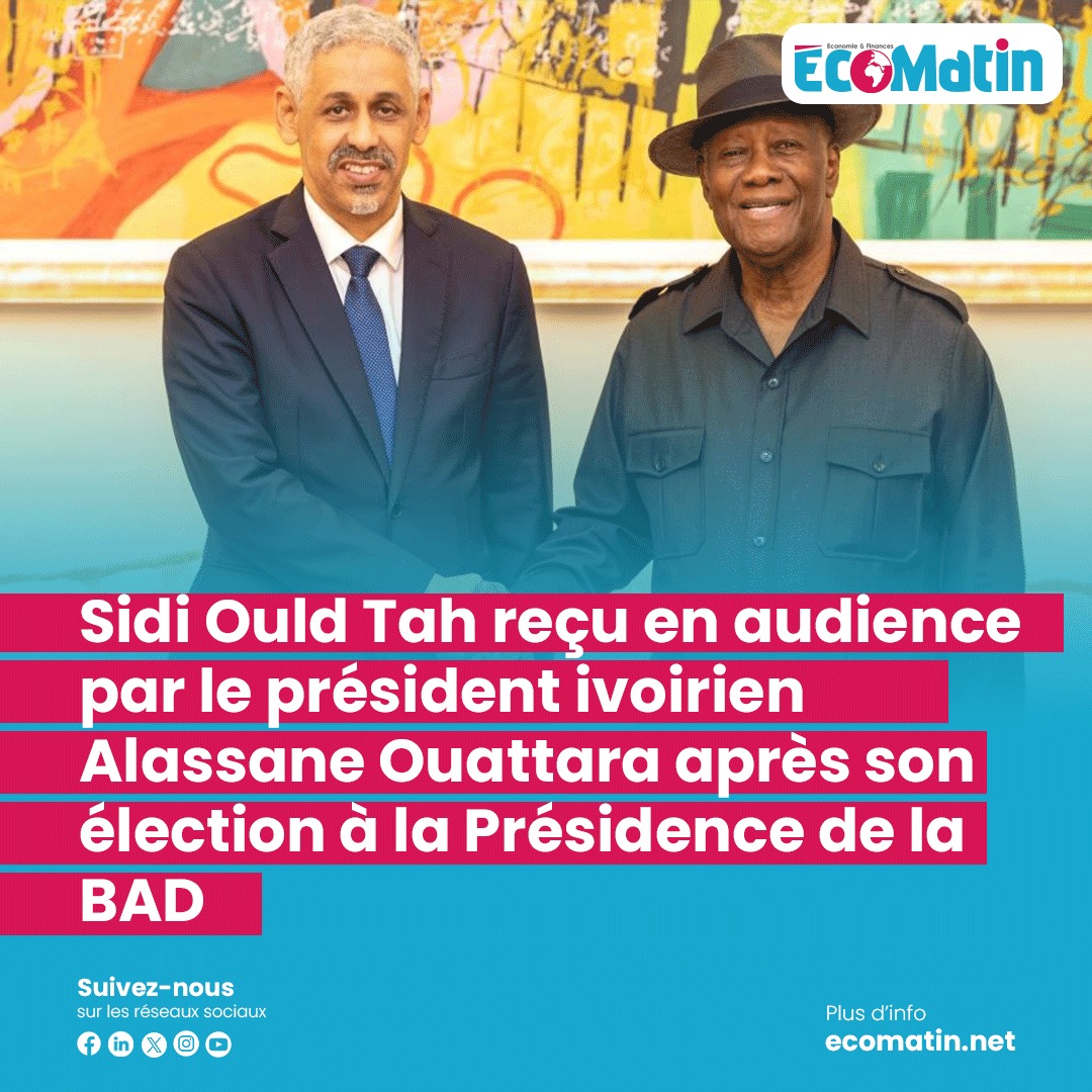 EcoMatin_Officiel (@ecomatin_cmr) on Twitter photo À peine élu président de la Banque Africaine de Développement avec un score éclatant, <a href="/sidiouldtah/">Sidi Ould Tah</a> a été reçu par <a href="/AOuattara_PRCI/">Alassane Ouattara</a> ce 29 mai à Abidjan. Une rencontre hautement symbolique, qui consacre l’appui décisif de la Côte d’Ivoire dans l’élection du dirigeant mauritanien. À peine élu président de la Banque Africaine de Développement avec un score éclatant, <a href="/sidiouldtah/">Sidi Ould Tah</a> a été reçu par <a href="/AOuattara_PRCI/">Alassane Ouattara</a> ce 29 mai à Abidjan. Une rencontre hautement symbolique, qui consacre l’appui décisif de la Côte d’Ivoire dans l’élection du dirigeant mauritanien.