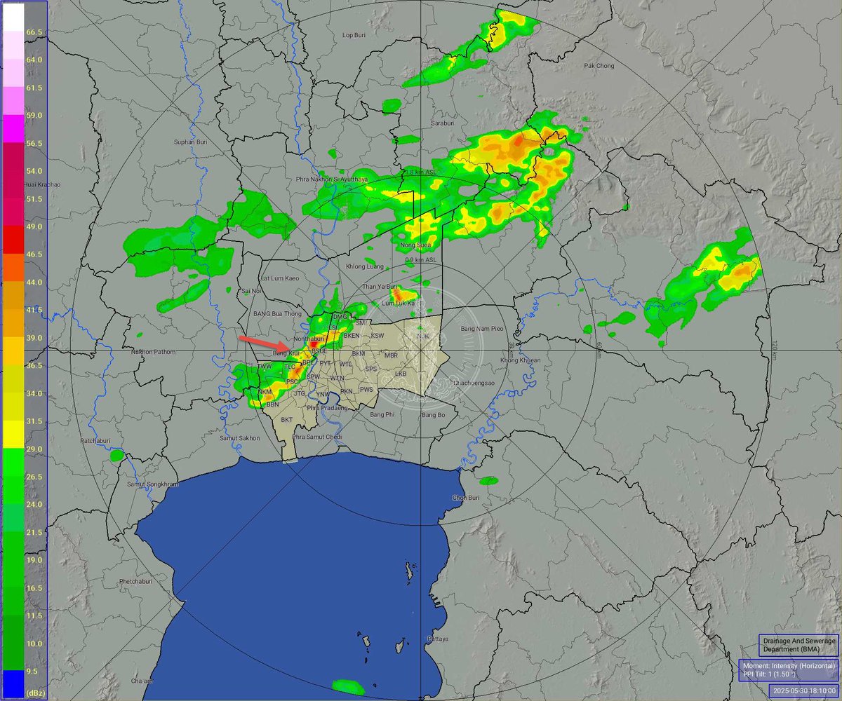BKK_BEST's tweet photo. วันที่ 30 พฤษภาคม 2568 เวลา 18.15 น. / พื้นที่ กทม.ฝนตกเล็กน้อยสลับปานกลางเขตทวีวัฒนา ตลิ่งชัน หนองแขม บางแค บางกอกน้อย ภาษีเจริญ สายไหม ดอนเมือง บางเขน หลักสี่  เคลื่อนที่ทิศตะวันออกเฉียงใต้ แนวโน้มคงที่ /ปริมาณฝนสูงสุดเขตทวีวัฒนา 12.0 มม. https://t.co/CZSpYQbncH
