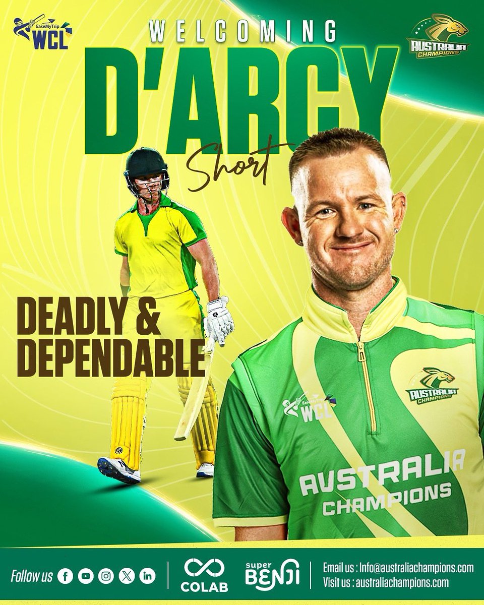 WclAustraliachampions (@australiachamps) on Twitter photo Deadly with the bat, dependable on the field! ๐
Welcome aboard, DโArcy! ๐
<a href="/amarxeon/">Amardeep S Reen</a> #WCL2025 #WCLSeason2 #WorldChampionshipoflegends #Championsbackagain #Aussies #AustralianChampions #WCL Deadly with the bat, dependable on the field! ๐
Welcome aboard, DโArcy! ๐
<a href="/amarxeon/">Amardeep S Reen</a> #WCL2025 #WCLSeason2 #WorldChampionshipoflegends #Championsbackagain #Aussies #AustralianChampions #WCL