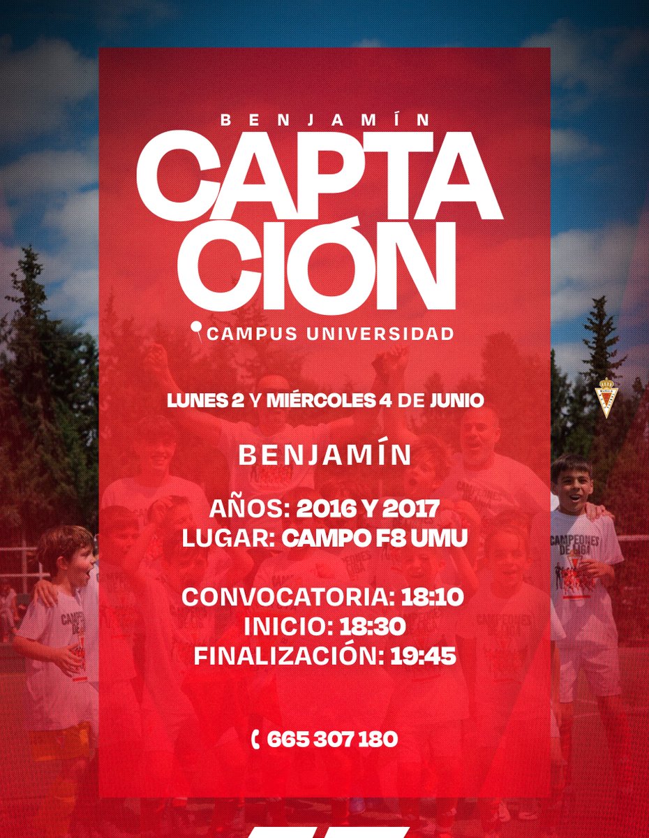 canteragrana's tweet photo. 🔎 ¡𝗖𝗔𝗣𝗧𝗔𝗖𝗜𝗢́𝗡 para BENJAMINES!  

📍 Campo F8 @UMU 
🗓 Lunes 2 y Miércoles 4 de junio

👦 Categoría Benjamín (2016-2017)
🕕 18:10 Convocatoria | 18:30 Inicio | 19:45 Fin

📞 Teléfono de contacto 
📲 665 307 180
#CanteraGrana https://t.co/z1iEsJcjYS