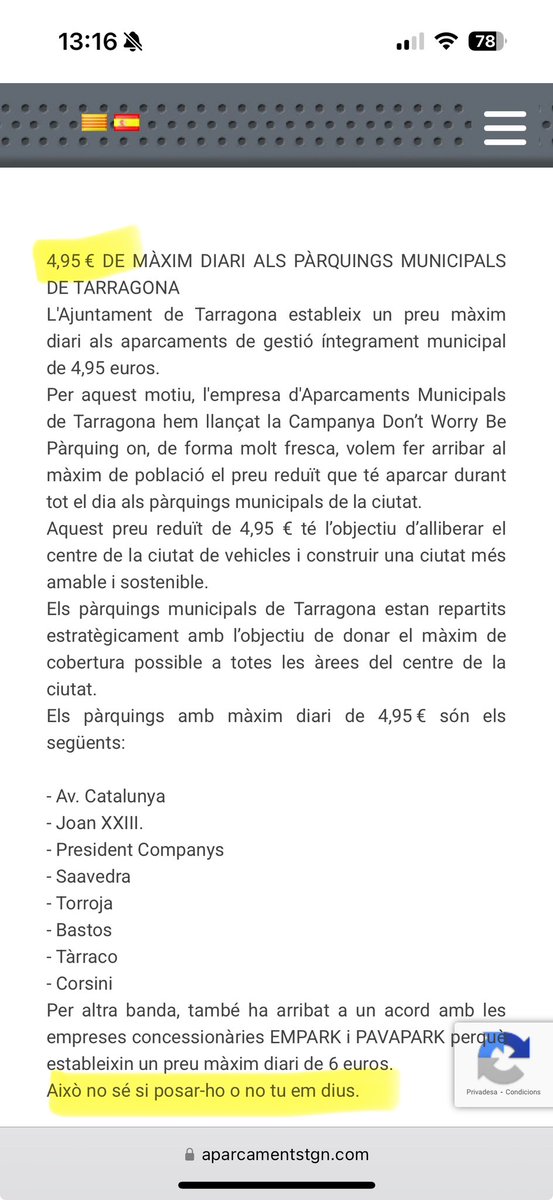 Elena Gavaldà (@elenagavalda) on Twitter photo hola <a href="/TGNTransports/">TGNTransports</a> us he trucat diverses vegades però és impossible sortir de la cua d'espera.
Si a google poses "aparcaments municipals tarragona preu màxim diàri" surt això, juraria que no és correcta la xifra.
L'última frase suposo que també la voldrieu treure ;) hola <a href="/TGNTransports/">TGNTransports</a> us he trucat diverses vegades però és impossible sortir de la cua d'espera.
Si a google poses "aparcaments municipals tarragona preu màxim diàri" surt això, juraria que no és correcta la xifra.
L'última frase suposo que també la voldrieu treure ;)