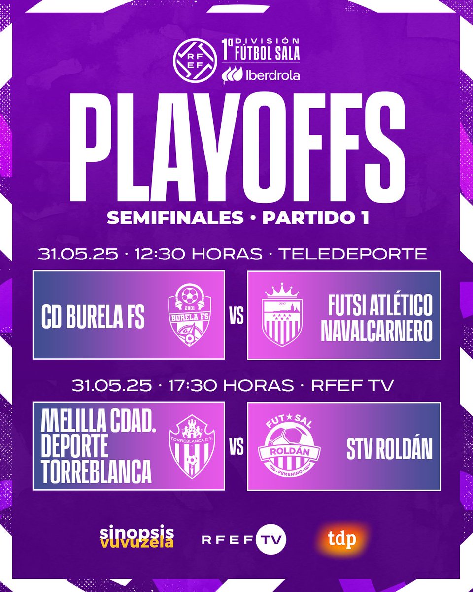 Futsal RFEF (@futsalrfef) on Twitter photo ⏰ 𝗛𝗼𝗿𝗮𝗿𝗶𝗼𝘀 del 𝗽𝗿𝗶𝗺𝗲𝗿 𝗽𝗮𝗿𝘁𝗶𝗱𝗼 de semifinales de los playoffs de #PrimeraIberdrolaFS.
⚔ <a href="/burelafs/">CD Burela FS</a> - <a href="/futsi_atletico/">Futsi Atlético Navalcarnero</a>
⚔ <a href="/TorreblancaFS1/">Melilla Ciudad del Deporte Torreblanca C.F</a> - <a href="/RoldanFSF/">STV Roldán FSF</a>
🔥 Mañana empieza el espectáculo 🔥
La previa ➡ rfef.es/es/noticias/co…
#FutsalRFEF | <a href="/FutFemIberdrola/">FutFem Iberdrola</a> ⏰ 𝗛𝗼𝗿𝗮𝗿𝗶𝗼𝘀 del 𝗽𝗿𝗶𝗺𝗲𝗿 𝗽𝗮𝗿𝘁𝗶𝗱𝗼 de semifinales de los playoffs de #PrimeraIberdrolaFS.
⚔ <a href="/burelafs/">CD Burela FS</a> - <a href="/futsi_atletico/">Futsi Atlético Navalcarnero</a>
⚔ <a href="/TorreblancaFS1/">Melilla Ciudad del Deporte Torreblanca C.F</a> - <a href="/RoldanFSF/">STV Roldán FSF</a>
🔥 Mañana empieza el espectáculo 🔥
La previa ➡ rfef.es/es/noticias/co…
#FutsalRFEF | <a href="/FutFemIberdrola/">FutFem Iberdrola</a>
