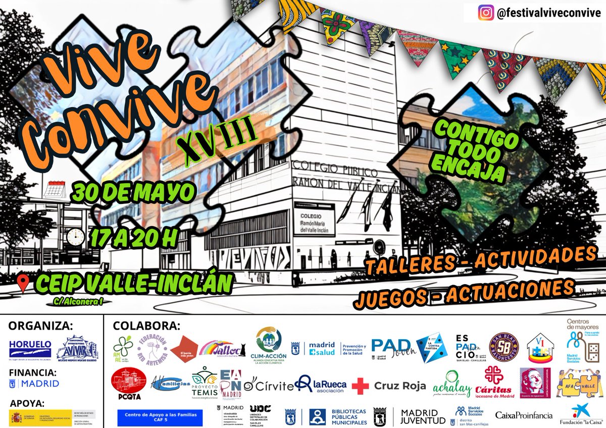 Esta tarde vamos a pasarlo bien en el #ViveYConvive en el CEIP Valle Inclán (c/Alconera 1, SBC)

Estaremos de 17 a 20:30 h jugando con juegos fabricados con elementos de reciclaje ♥️🍀