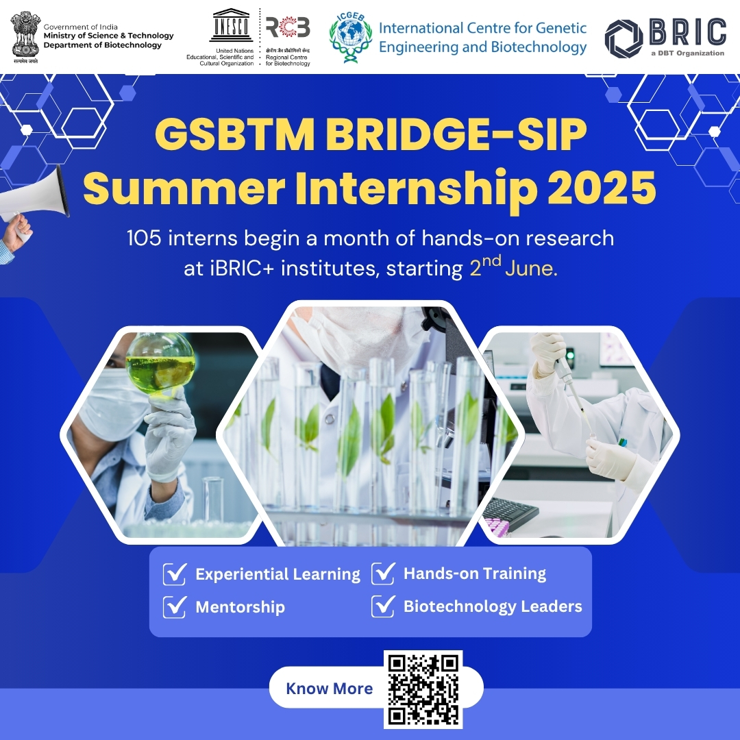 Department of Biotechnology (@dbtindia) on Twitter photo 🌟 Welcome to the GSBTM BRIDGE-SIP 2025 Summer Internship! 🌟
Starting 2nd June, 105 bright young scientists will embark on a month-long journey of experiential learning across premier iBRIC+ research institutions.
The Gujarat State Biotechnology Mission (<a href="/gsbtm/">Gujarat State Biotechnology Mission</a>) supports this 🌟 Welcome to the GSBTM BRIDGE-SIP 2025 Summer Internship! 🌟
Starting 2nd June, 105 bright young scientists will embark on a month-long journey of experiential learning across premier iBRIC+ research institutions.
The Gujarat State Biotechnology Mission (<a href="/gsbtm/">Gujarat State Biotechnology Mission</a>) supports this
