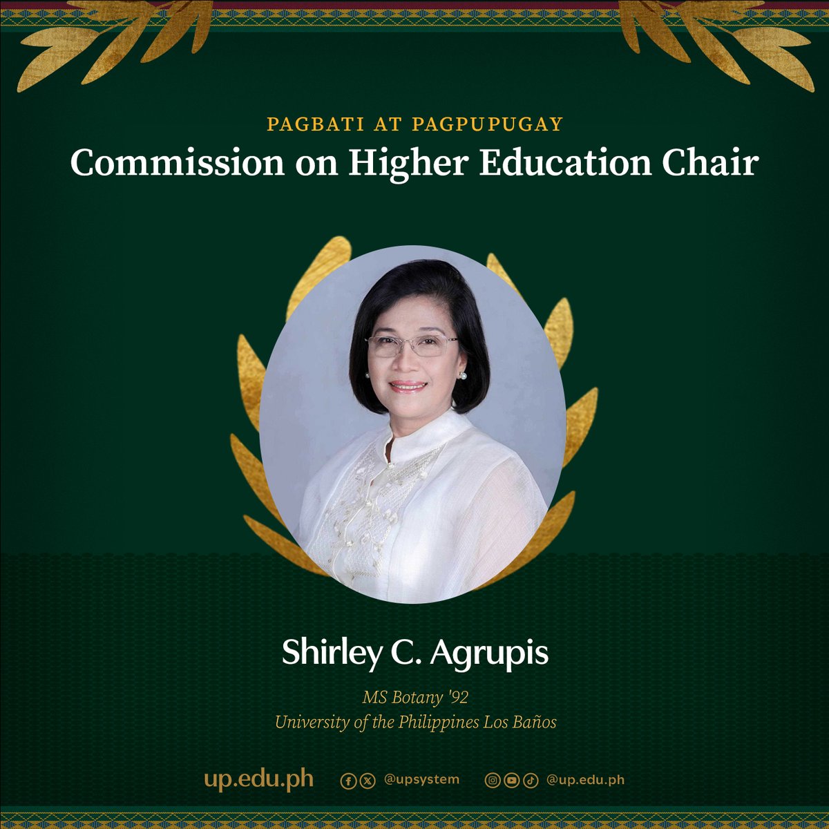 University of the Philippines (@upsystem) on Twitter photo The University of the Philippines (UP) congratulates Dr. Shirley C. Agrupis on her appointment as the Chairperson of the <a href="/PhCHED/">Commission on Higher Education (CHED)</a>. The University of the Philippines (UP) congratulates Dr. Shirley C. Agrupis on her appointment as the Chairperson of the <a href="/PhCHED/">Commission on Higher Education (CHED)</a>.