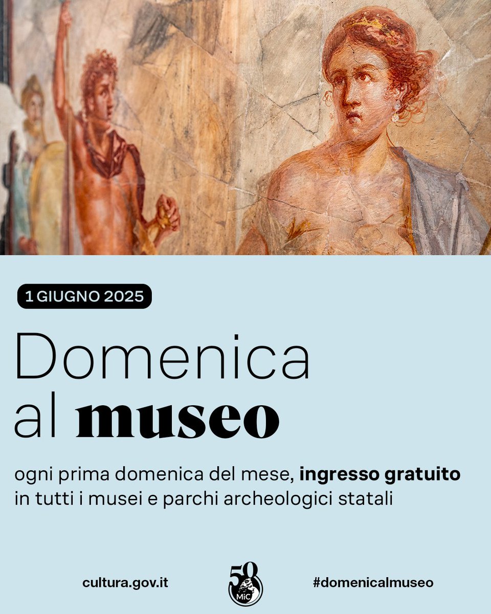 Pompeii Sites (@pompeii_sites) on Twitter photo Il 1° giugno si torna l’appuntamento con la #domenicalmuseo, l’iniziativa del Ministero della Cultura che consente l’ingresso gratuito, ogni prima domenica del mese, in tutti i siti del Parco Archeologico di Pompei. <a href="/MiC_Italia/">Ministero della Cultura</a> Il 1° giugno si torna l’appuntamento con la #domenicalmuseo, l’iniziativa del Ministero della Cultura che consente l’ingresso gratuito, ogni prima domenica del mese, in tutti i siti del Parco Archeologico di Pompei. <a href="/MiC_Italia/">Ministero della Cultura</a>
