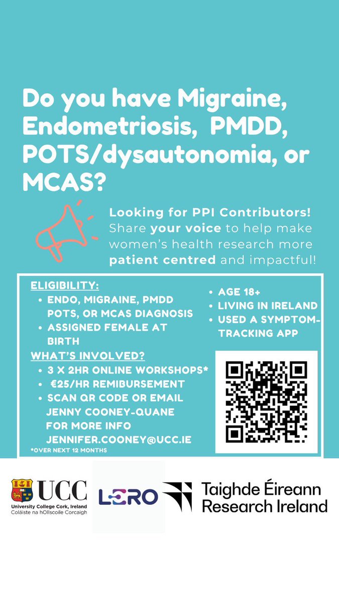 Have your voice heard on women’s health research in Ireland! We are looking for women who have a diagnosis of migraine, endometriosis, POTS, PMDD, or MCAS to help us shape research on these conditions!
#endometriosis #migraine #pmdd #pots #mcas #womenshealth #healthresearch