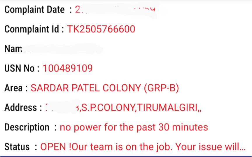iamLemonLeo's tweet photo. @tgspdcl : 1 phase has no current for the past 1:30 hours, request to look asap. Your app is crashing and not letting you raise a service request https://t.co/6QuZtZIRLd
