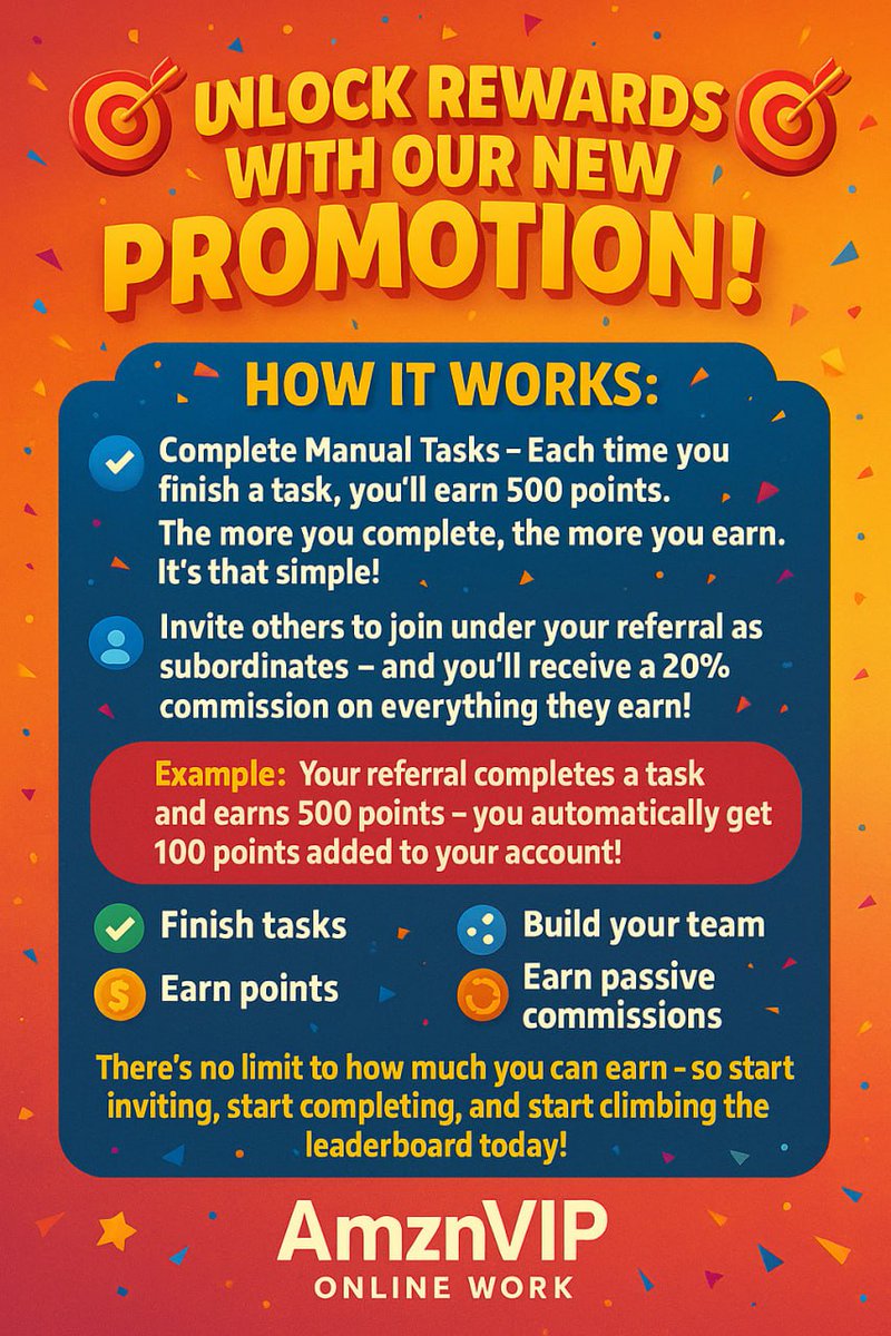 Amznvipofficial's tweet photo. Join the AmznVip Online Work promo now! πΈ
β
Earn points for simple tasks
π₯ Invite friends, earn more
π₯ Start today & climb the leaderboard!
For more information or assistance, please contact us in our: π· Official group ( https://t.co/B7fEaxftnl )
#AmznVip #EarnOnline https://t.co/o2slFkE3ss