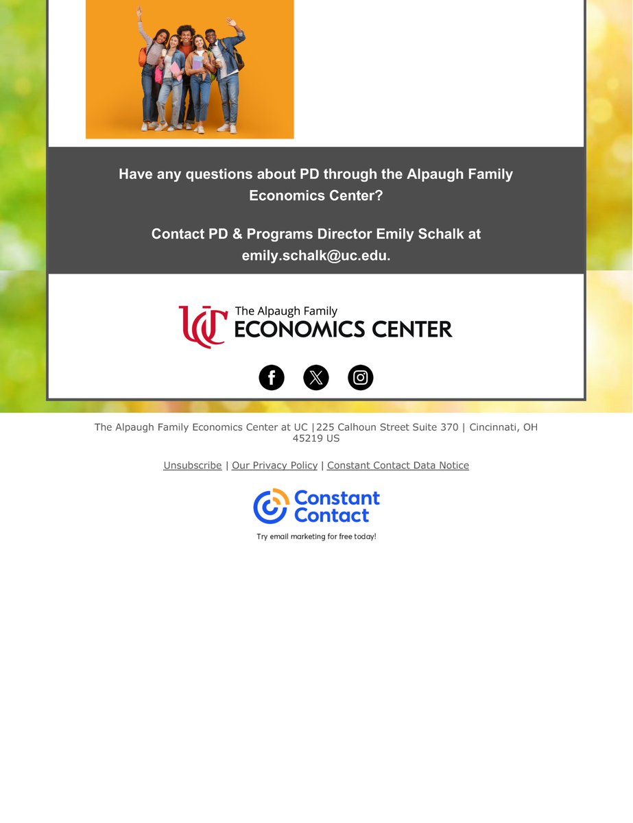 📚 ✨ The University of Cincinnati's Alpaugh Family Economics Center is offering FREE Summer Professional Development designed to help you build confidence and bring fresh ideas into your teaching! 🔗 Register now at: tinyurl.com/v2vnnx73. #RamNation #StudentSuccess