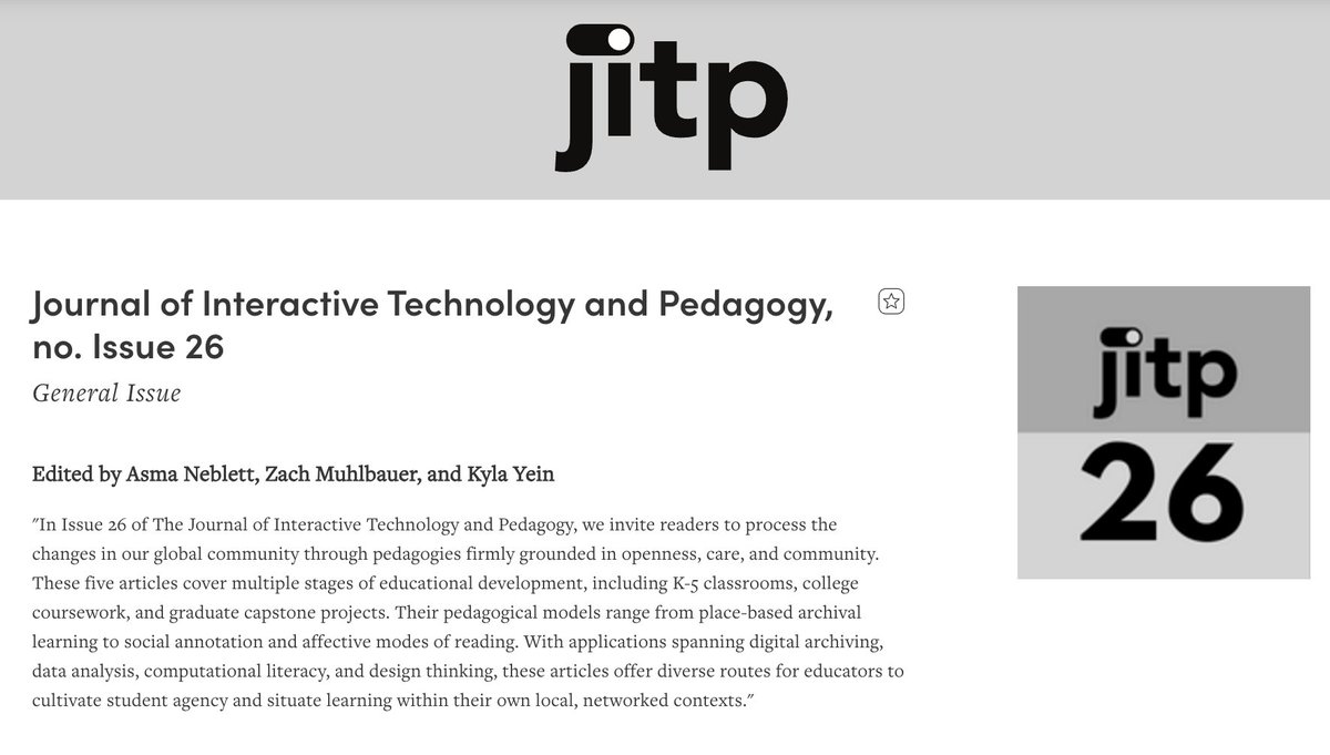 Issue 26 of JITP is out now! Edited by Asma Neblett, Zach Muhlbauer, and Kyla Yein

Issue Twenty Six: Local Networks

Find the full issue here and stay tuned for individual pieces this week: cuny.manifoldapp.org/projects/jitp-…