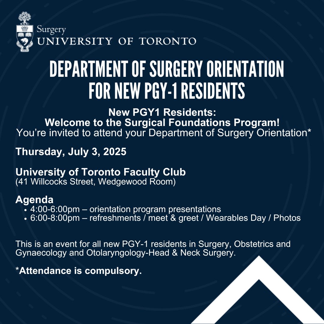U of T Department of Surgery (@uoftsurgery) on Twitter photo 📢 New PGY-1 Residents: You’re invited to attend your <a href="/UofTSurgery/">U of T Department of Surgery</a> Orientation on Thursday, July 3rd at 4PM at the U of T Faculty Club. Event is for all new PGY-1 residents in Surgery, Obstetrics & Gynaecology and Otolaryngology-Head & Neck Surgery. (Attendance is compulsory). 📢 New PGY-1 Residents: You’re invited to attend your <a href="/UofTSurgery/">U of T Department of Surgery</a> Orientation on Thursday, July 3rd at 4PM at the U of T Faculty Club. Event is for all new PGY-1 residents in Surgery, Obstetrics & Gynaecology and Otolaryngology-Head & Neck Surgery. (Attendance is compulsory).