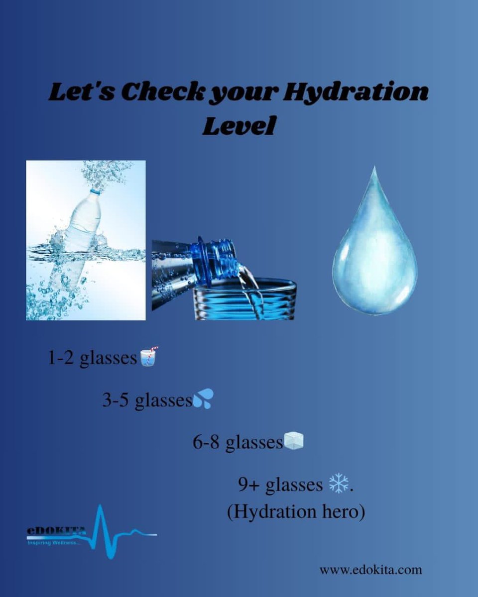 edokitaHealth's tweet image. 💧 Hydration Check-In!
How much water have you had today? Be honest! 👀

🥤 1–2 glasses
🧊 3–5 glasses
💧 6–8 glasses
🚿 9+ glasses (go you!)

Comment your answer and tag a friend to do the same!

#HydrationChallenge #WellnessCheck #StayHydrated #HealthSaturday #TelemedicineTips