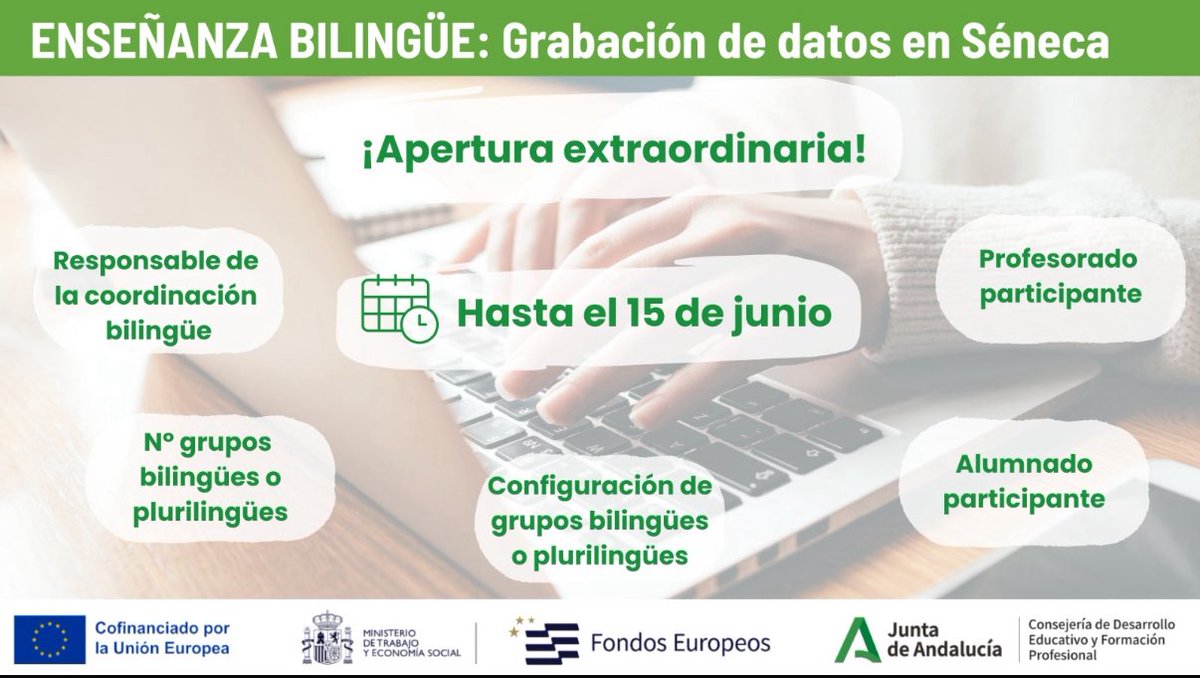 ¡Información importante para las coordinaciones bilingües de los centros educativos! Apertura extraordinaria de Séneca para corregir y/o completar los datos referentes a la enseñanza bilingüe/plurilingüe del curso 2024/25. Más información en el enlace: juntadeandalucia.es/educacion/port…