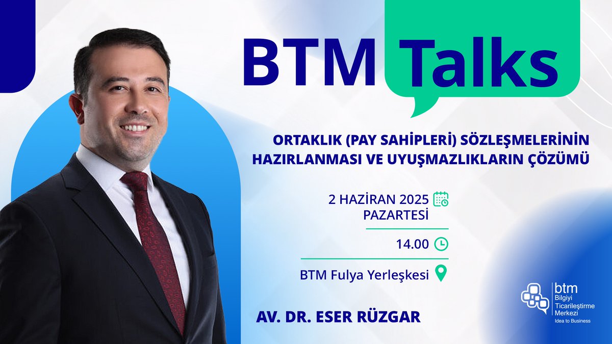 BTM Talks’un yeni konuğu Av. Dr. Eser Rüzgar, 2 Haziran Pazartesi günü ‘’Ortaklık Sözleşmelerinin Hazırlanması ve Uyuşmazlıklarının Çözümü’’ üzerine konuşacak. Eşlik etmek isteyen herkesi yerleşkemize bekliyoruz.
<a href="/AvEserRuzgar/">Av. Dr. Eser Rüzgar</a> 

--------

The new guest of BTM Talks, Attorney Dr.