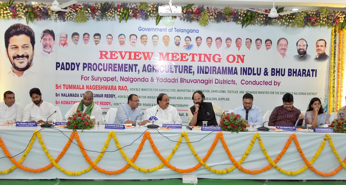 UttamINC's tweet photo. Record Paddy, Fair Rations, and Irrigation Sector Reforms Are Our Hallmarks

Telangana has achieved record paddy procurement under the Congress government, marking the highest scale of procurement in Telangana’s 11-year history and even during the period of undivided Andhra Pradesh.

Today, I reviewed the progress in combined Nalgonda district along with Ministers @Tummala_INC @KomatireddyKVR 

Paddy Procurement 

Speaking at a review meeting of combined erstwhile Nalgonda district at the Suryapet District Collector’s Office on paddy procurement, agriculture, Indiramma houses, and Bhu Bharathi, I emphasised that during the last Kharif season, farmers cultivated 46.7 lakh acres and produced a record 103.5 lakh metric tonnes of paddy. 

For the ongoing Yasangi season, cultivation extended to nearly 60 lakh acres, with an expected yield of 130 lakh metric tonnes.

Fair Rations 

The Congress Government is determined to strengthen food security by providing ration cards to every eligible family in Telangana, whether below or above the poverty line.

The previous BRS regime halted the process of issuing ration cards for nearly a decade, leaving many deserving families without access to subsidised food grains. We are committed to rectifying this injustice and ensuring that no family is left behind. 

The significant leakages in the public distribution system under the previous administration, where 10–30% of rice was being diverted, deprived many deserving families.

We have plugged these leaks and ensured that six kilograms of rice reaches every ration beneficiary.

Irrigation Reforms 

The previous BRS government had completely destroyed the irrigation sector, leaving the department in disarray. 

The Congress Government is now working hard to clean up the massive mess left behind by the BRS. 

We have already recruited 1,100 engineers in the irrigation sector to strengthen the workforce and streamline the functioning of all related departments.

The Congress Government had launched a comprehensive desilting and de-sedimentation program across all major irrigation projects, including SRSP and Nagarjuna Sagar, to restore their water-holding capacity and ensure farmers receive the water they need.

I appeal to all officials, contractors, public representatives, and media friends to work together to ensure that every irrigation and civil supplies project in the state progresses efficiently, transparently, and with full accountability. 

Our Government will not tolerate any inefficiency or corruption. We will ensure that these projects leave a mark in history.