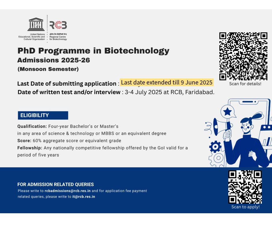 RCB (@unescorcb) on Twitter photo 📢The last date for applying to the RCB PhD programme in Biotechnology has been extended till 9 June 2025.
<a href="/DBTIndia/">Department of Biotechnology</a> <a href="/IndiaBioscience/">IndiaBioscience.org</a> <a href="/biotecnika/">biotecnika</a>
#PhDprogram #PhDBiotech #BiotechResearch 📢The last date for applying to the RCB PhD programme in Biotechnology has been extended till 9 June 2025.
<a href="/DBTIndia/">Department of Biotechnology</a> <a href="/IndiaBioscience/">IndiaBioscience.org</a> <a href="/biotecnika/">biotecnika</a>
#PhDprogram #PhDBiotech #BiotechResearch