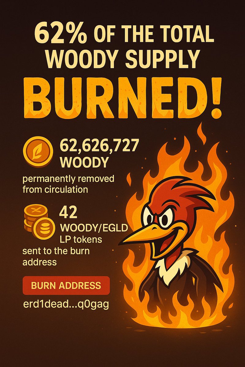 Hello to all #MultiversX, meme, and crypto communities!

🔥 62% of the total $WOODY supply has been BURNED!
🪙 62,626,727 WOODY permanently removed from circulation
💧 Liquidity worth ~42 LP (WOODY/EGLD) sent to the burn address

📛 Burn address:
explorer.multiversx.com/accounts/erd1d…

✅