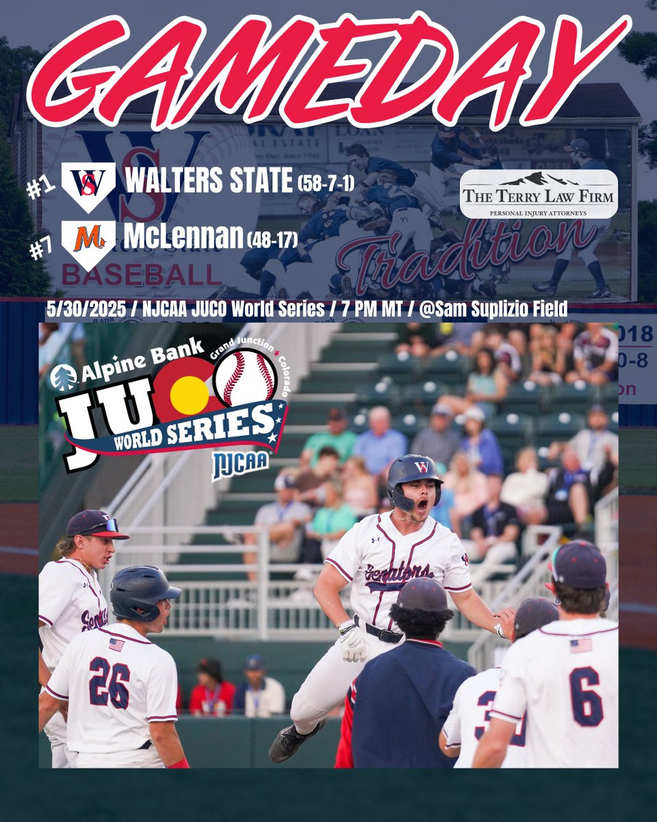 Walters State Athletics (@waltersstsports) on Twitter photo GAMEDAY!
Top-seeded <a href="/WSCCbaseball/">WaltersStBaseball</a> is looking to stave off elimination and punch their ticket to the JUCO World Series Championship tonight against McLennan at 7 pm MT (9 pm ET)!
WATCH: espn.com/watch/player/_ā¦
LIVE STATS: jucogj.org/sidearmstats/bā¦
LISTEN: player.listenlive.co/43171?path=bas⦠GAMEDAY!
Top-seeded <a href="/WSCCbaseball/">WaltersStBaseball</a> is looking to stave off elimination and punch their ticket to the JUCO World Series Championship tonight against McLennan at 7 pm MT (9 pm ET)!
WATCH: espn.com/watch/player/_ā¦
LIVE STATS: jucogj.org/sidearmstats/bā¦
LISTEN: player.listenlive.co/43171?path=basā¦