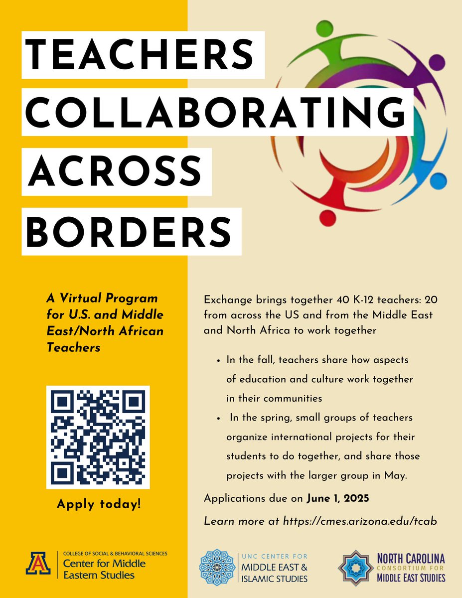 🌍 Virtual Exchange Opportunity!
K-12 teachers: Connect, collaborate, and engage in a year-long virtual exchange on education &amp; culture.

Deadline extended to June 1, 11:59 PM (AZ Time)
🔗 More info: cmes.arizona.edu/tcab 
🔗 Apply now: docs.google.com/forms/d/e/1FAI…