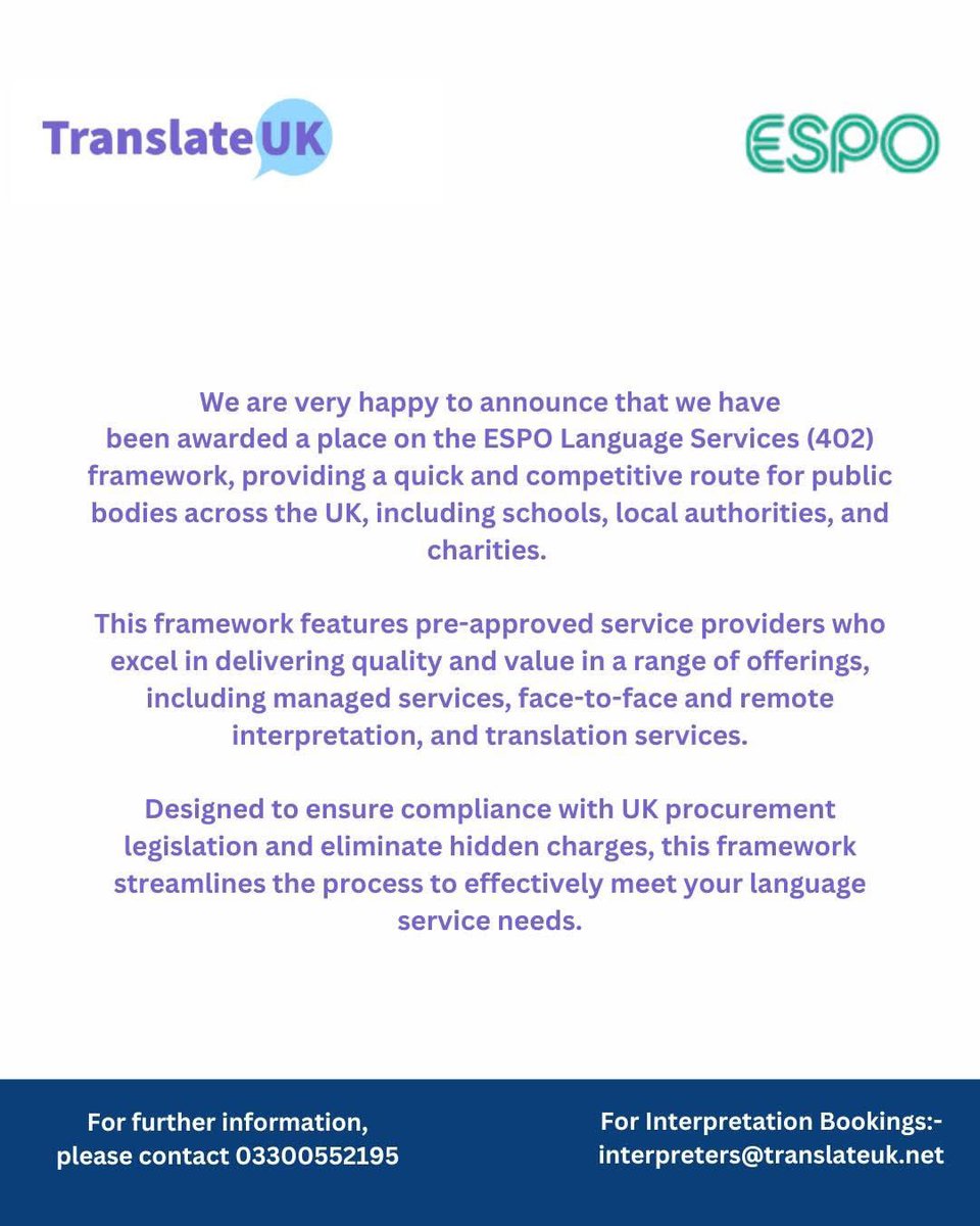 TranslateUK's tweet image. We’re proud to share that Translate UK has been awarded a place on the ESPO Language Services (402) framework. 

If you&apos;re part of the public sector and need language support, get in touch with our team today.

#Translate #TranslationServices #LanguageSupport #ESPO #Celebration