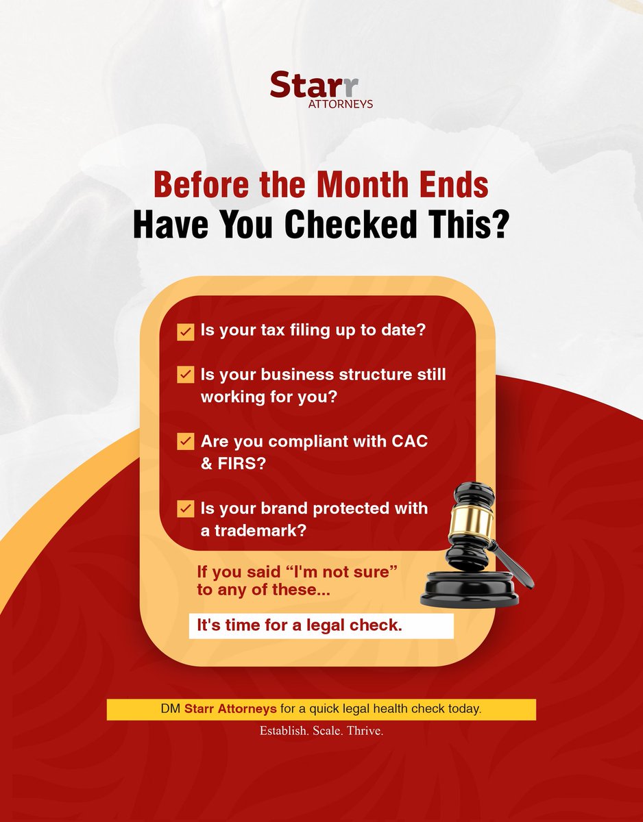 starr_attorneys's tweet image. Month’s ending, how’s your business looking legally?
✅ Taxes
✅ Compliance
✅ Structure
✅ Trademark

Not 100% sure? It&apos;s time to fix that.
DM @StarrAttorneys for a legal checkup.
Establish. Scale. Thrive.
#LegalChecklist #BusinessCompliance #MonthEndCheck #StarrAttorneys