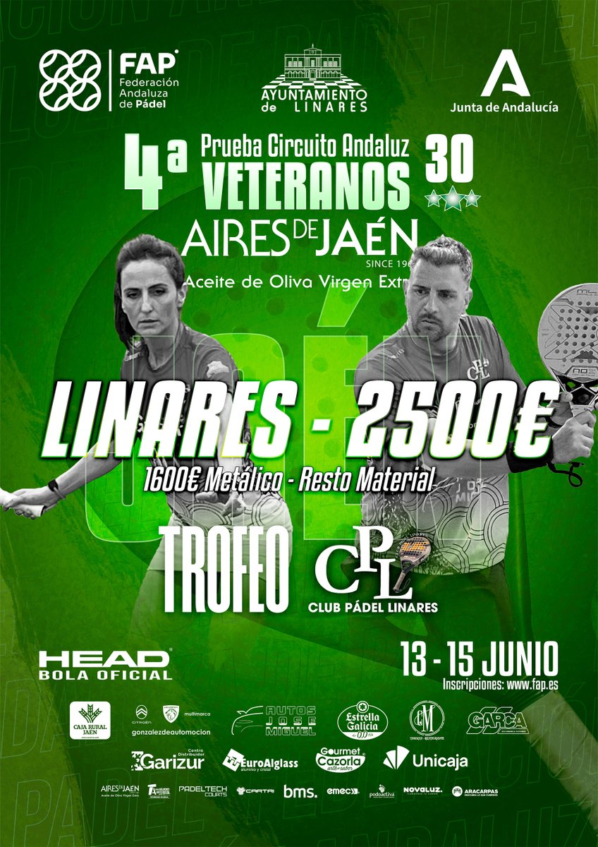 ⌛️Tic tac... El lunes 9 de junio cierran las inscripciones.
🏆4ª Prueba del Circuito Andaluz de #VeteranosFAP Aires de Jaén en #Linares  

💰2500€ en premios

📍La Garza y Pádel 5

⚙️Organiza Club Pádel Linares

📝Inscripciones: fap.es/inscripciones-… 

#padel #Jaen