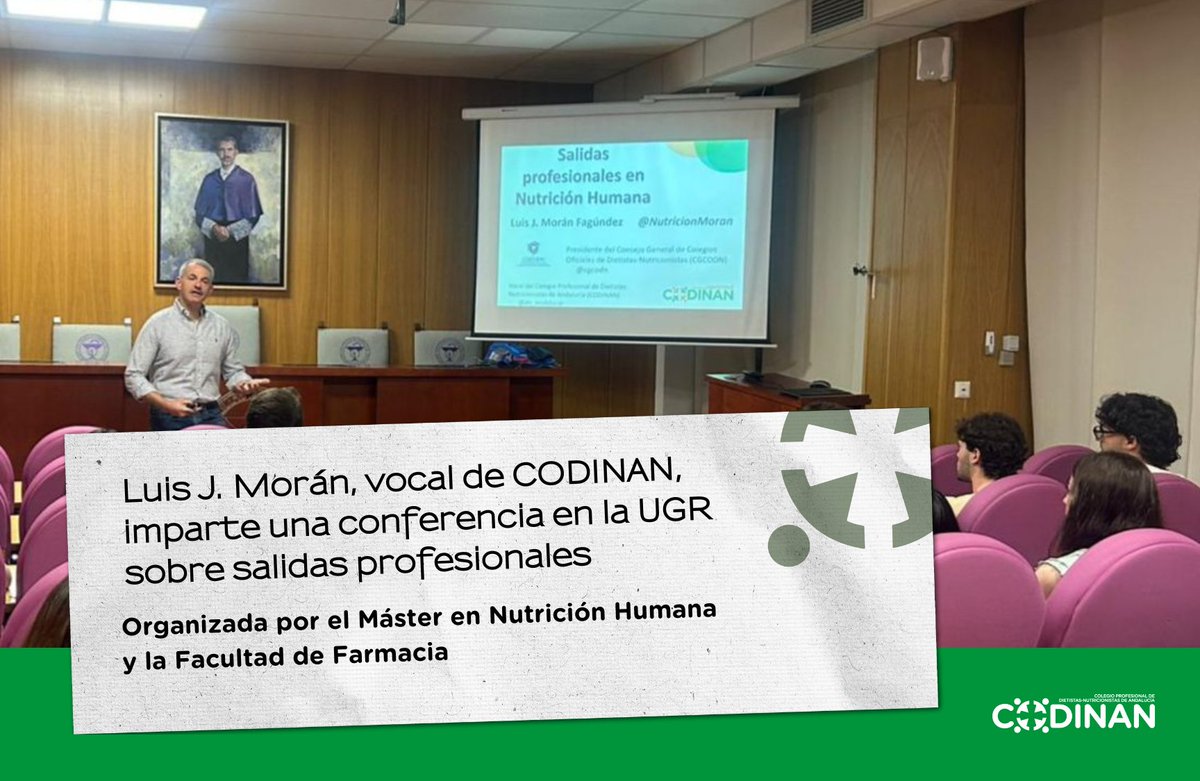 👨‍🏫 El presidente del <a href="/cgcodn/">CGCODN</a> y vocal de CODINAN, <a href="/NutricionMoran/">Luis J. Morán</a>, impartió el pasado miércoles 28 de mayo una conferencia dirigida a los alumnos de <a href="/CanalUGR/">Universidad Granada</a> sobre salidas profesionales en Nutrición Humana.

<a href="/ffarmaciaUGR/">Facultad de Farmacia</a>