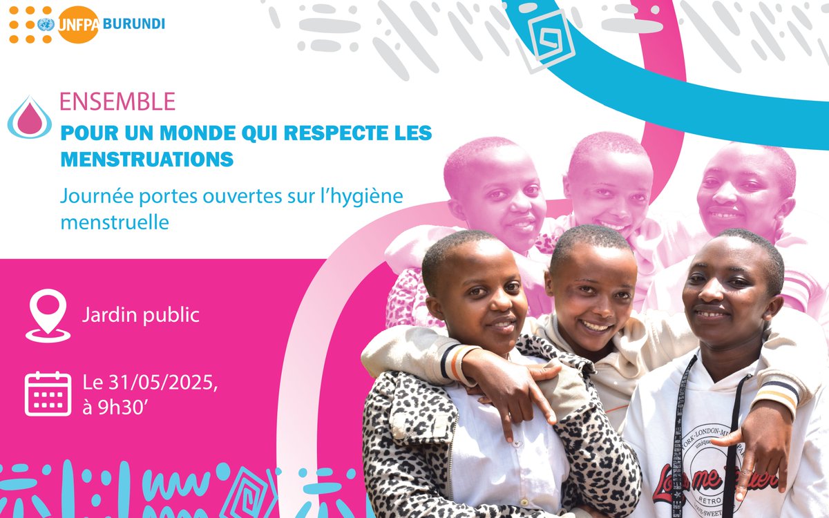 UNFPABurundi's tweet photo. 📢 On prolonge la Journée internationale de l’hygiène menstruelle Jeux, sport, expo, peinture &amp; discussions sans tabou sur les règles ! Tout le monde est bienvenu·e 📍31 mai – 9h00 – Jardin public Viens comme tu es, on t’attend !
#periodfriendly #menstruation #SansTabou #unfpa50 https://t.co/NaEzZhy5bE