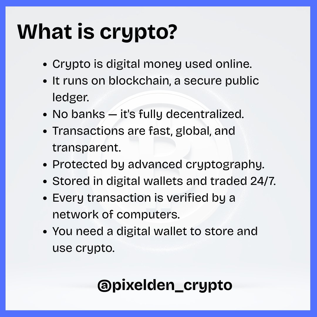 pixelden_crypto's tweet image. Crypto kya hota hai? Ye ek digital currency hai jo blockchain par kaam karti hai - bina kisi bank ya government ke control ke! Samjho basics,phir hi bano pro!🎯🚀📈

#whatiscrypto #cryptoexplained #blockchainbasics #digitalcurrency #crypto101