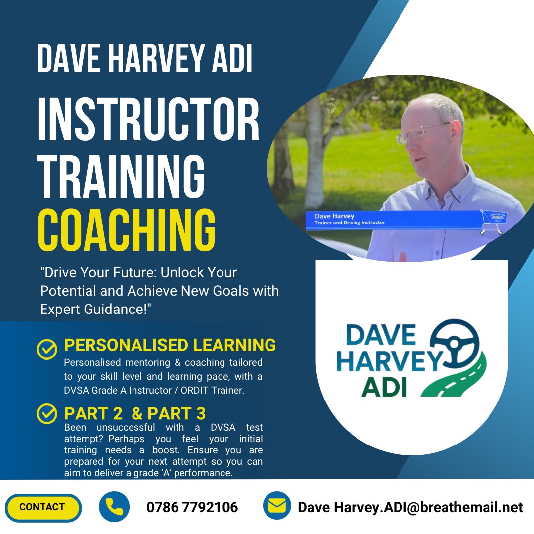 DaveHarveyADI's tweet photo. Looking to start your journey as a DVSA-approved Driving Instructor or need support after a setback on Part 2, Part 3 or the Standards Check?
#PDI #ADI #Part2 #Part3 #StandardsCheck #drivinginstructor #becomeadrivinginstructor  #PotentialDrivingInstuctor https://t.co/4PHudFpvCx