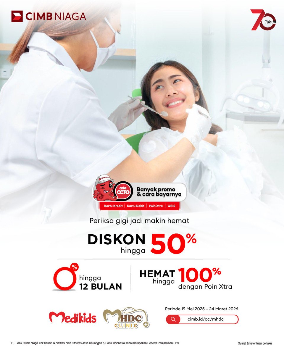 CIMBNiaga's tweet photo. Periode program: 19 Mei 2025 – 24 Maret 2026

Yuk, rawat gigi tanpa khawatir biaya!

Info lengkap, kunjungi: https://t.co/C6UPZ9XxXA

#CIMBNiaga #PerawatanGigi #DiskonSpesial #MHDC #Medikids #PoinXtra #Cicilan0Persen #SenyumSehat #PromoGigi #PromoKesehatan https://t.co/wWdecswiA5