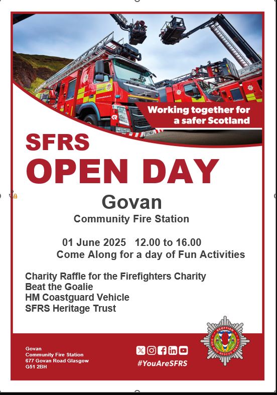 Govan Fire Station are opening their doors tomorrow for an Open day!

Dont have any plans this weekend? Come along and join in on the fun.

#Keepingourcommunitiessafe

<a href="/fire_scot/">Scottish Fire and Rescue Service</a>  <a href="/SFRSYourSafety/">Scottish Fire and Rescue Service – Your Safety</a>  <a href="/firefighters999/">Fire Fighters Charity</a>