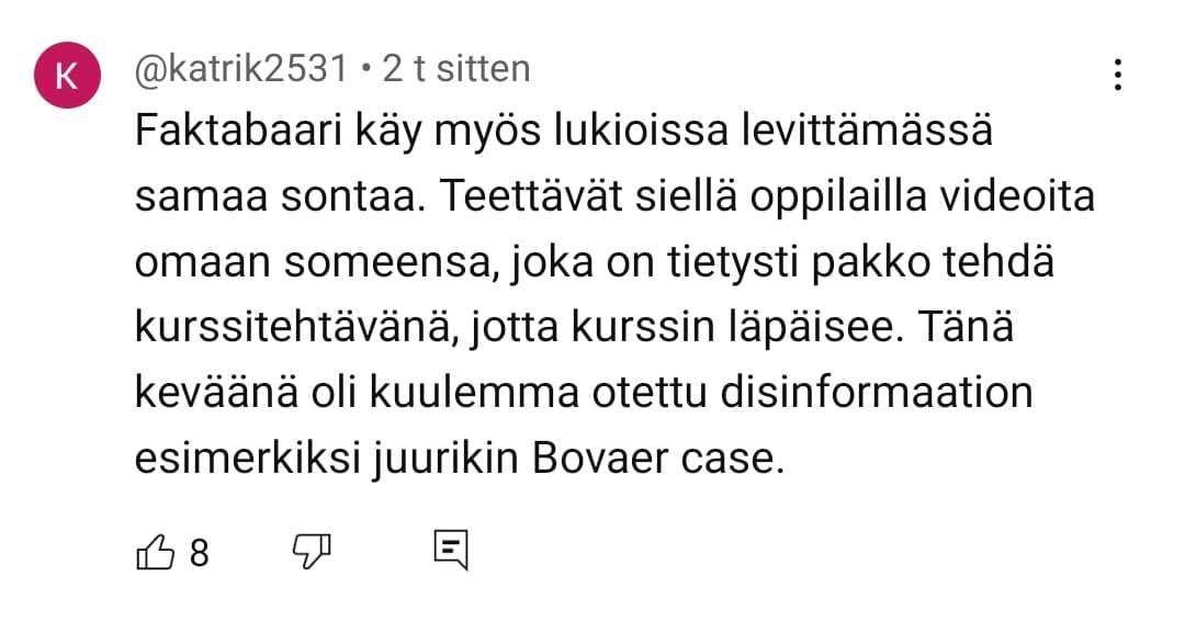 hirvelanjuho's tweet photo. Tein vastinevideon Aalto-yliopiston luennolla muhun mahdollisesti kohdistuneeseen kunnianloukkaukseen liittyen.

Youtubessa kommentoitiin, että tämä Faktabaarin mustamaalauskampanja on saattanut edetä lukio-opetukseen asti.

Löytyykö tälle väitteelle vahvistusta? https://t.co/gMTyZlJcDc