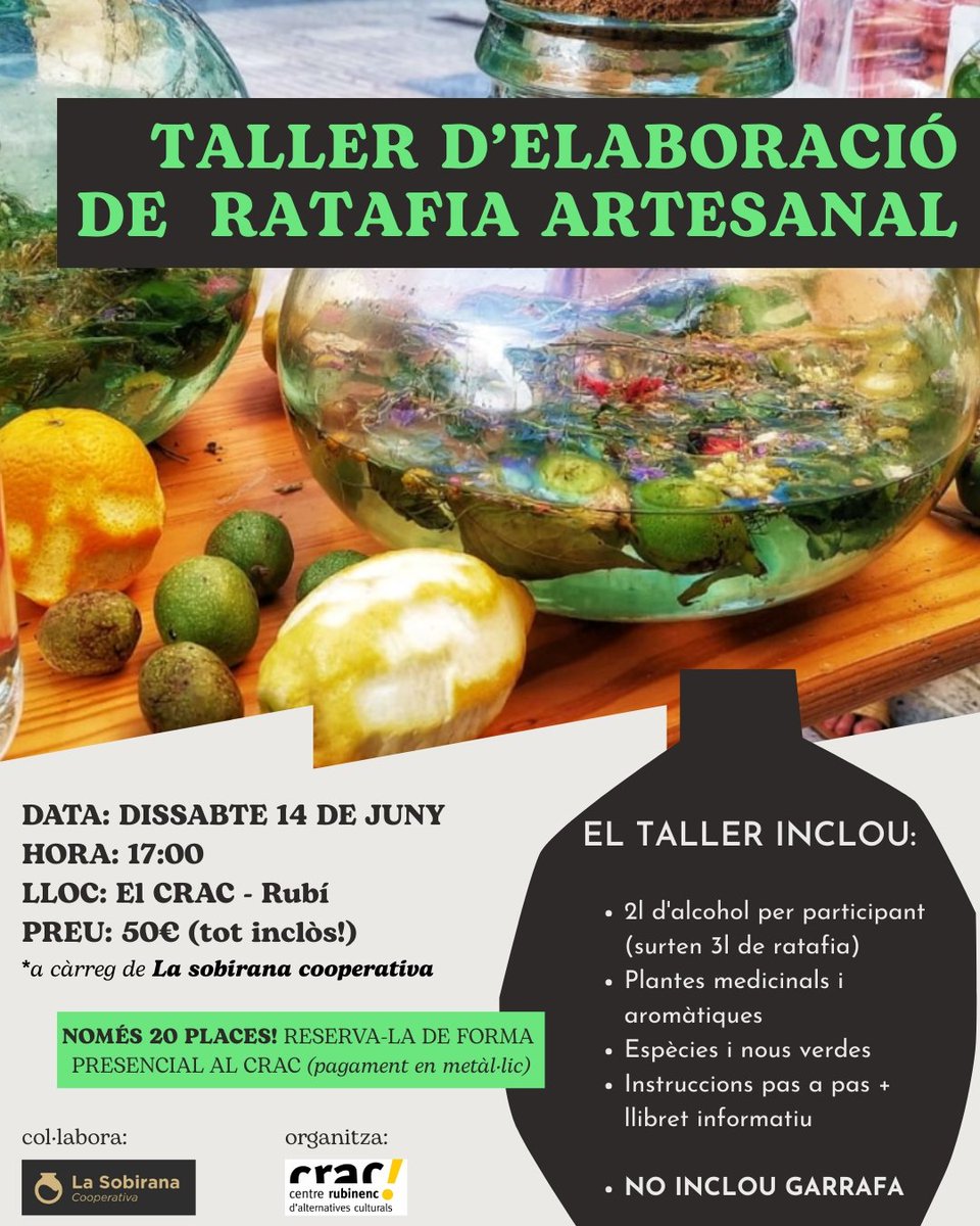 🌿TALLER DE RATAFIA🌿

Vine al casal a fer la teva ratafia.

Què cal portar? 
Recipient de 3L per fer la ratafia.
I... Res més! La resta ho posem nosaltres.

Vine a aprendre a fer ratafia artesana i a conèixer els "trucs" perquè surti ben bona! 
Reserva la teva plaça a la kafeta