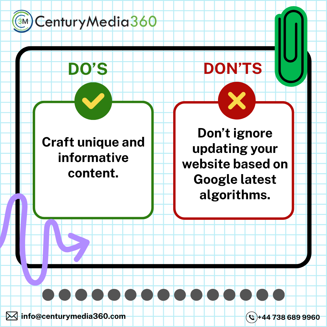 centurymedia360's tweet image. The second key principle in the 'Do's and Don’ts of Digital Marketing' highlights the importance of unique content and consistent updates to ensure ongoing engagement and credibility.

#DigitalMarketing #ContentTips #GoogleUpdates #AlgorithmChanges #SEO #centurymedia360